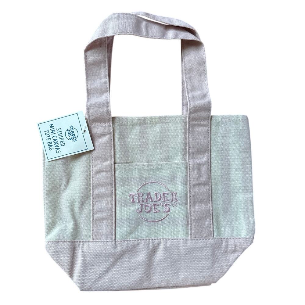 Trader Joe's 2026 summer mini stripe canvas tote bag w/2 side pockets-Soft Pink